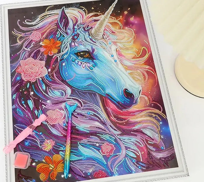 Blooming Unicorn partial-drill diamond painting featuring a vibrant blue unicorn with floral accents and sparkling 5D drills – FEELOOK Art