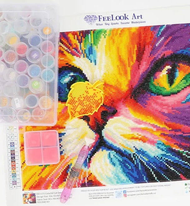 A Colorful Cat Gaze diamond painting kit with Sparkling AB Drills - FEELOOK Art