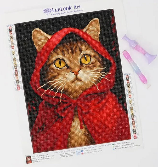 Close-up view of the Red Meow-Hood diamond painting kit with vibrant drills and printed canvas - FEELOOK Art