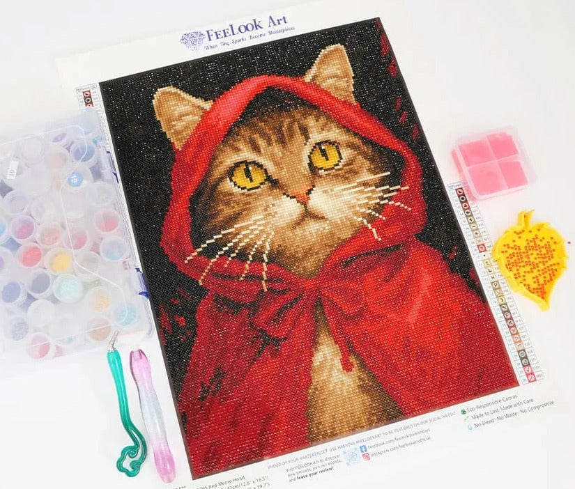 Close-up of Red Meow-Hood diamond painting, highlighting sparkling details and colorful diamonds, ideal for beginner practice - FEELOOK Art