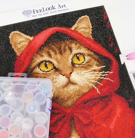 Finished diamond painting kit of Red Meow Hood with vibrant colors and shimmering special drills - FEELOOK Art