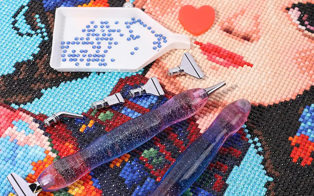 Diamond painting kit for beginners with complete tools and a finished full drill canvas shown on workspace