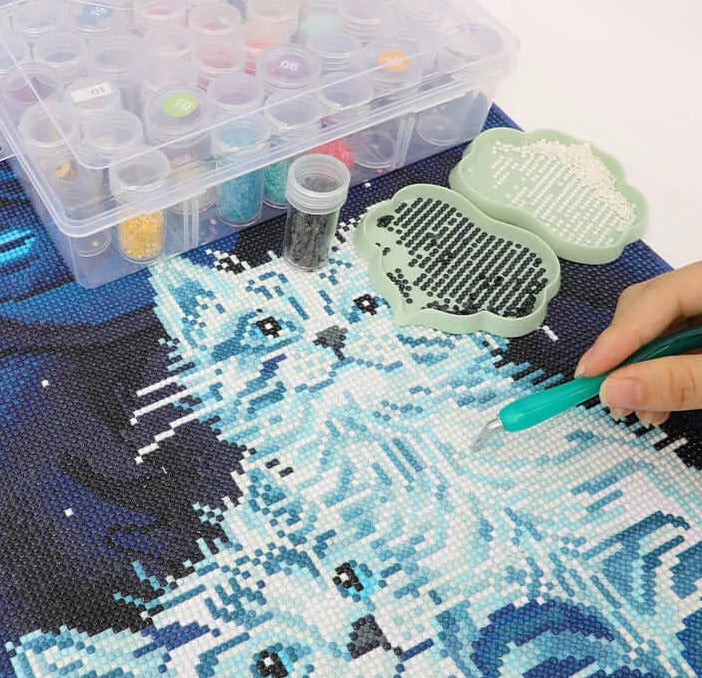 Close-up of Wish Upon A Star diamond painting canvas partially covered with release paper, showing sparkling diamonds in progress - FEELOOK Art