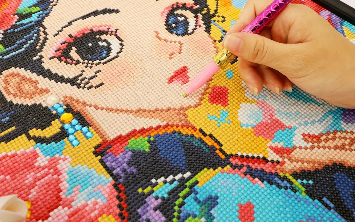 Close-up of Graceful Lady diamond painting as a hand places colorful drills across the detailed portrait - FEELOOK Art