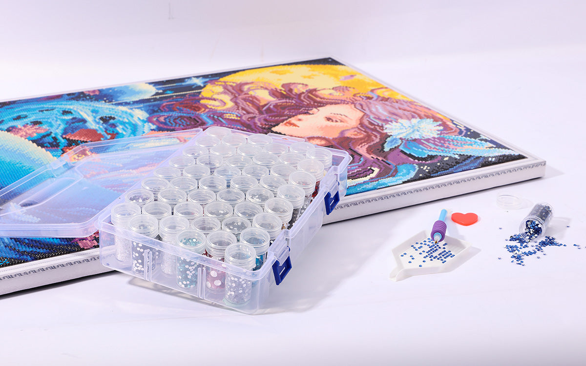 A sparkling diamond painting artwork in progress with colorful drills on canvas