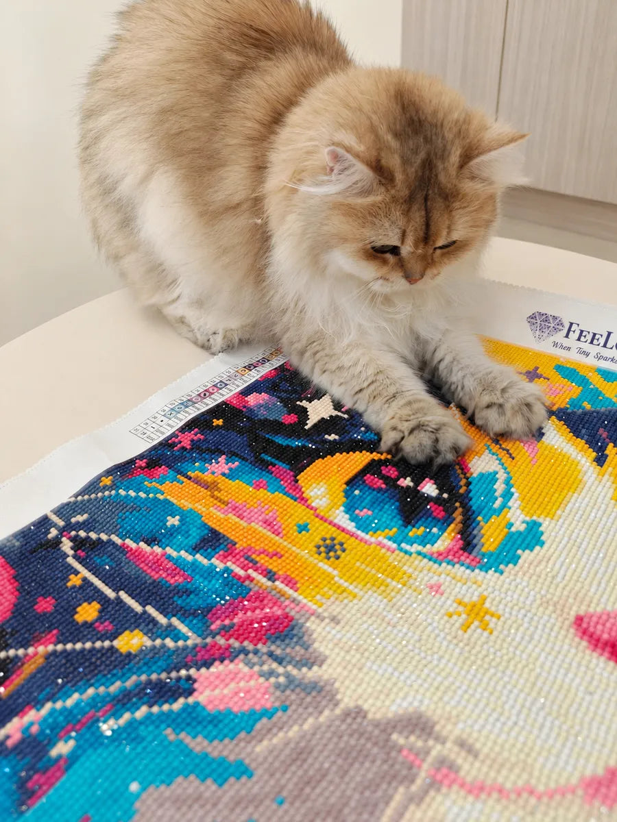 Fluffy cat diamond painting showing clear eyes, contrasting fur and a readable animal portrait - FEELOOK Art
