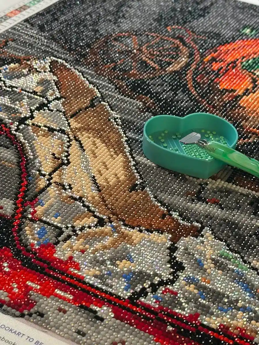 A diamond art canvas showcasing dark Cinderella diamond art with a shattered blood-stained glass slipper, green drill tray, and diamond pen - FEELOOK Art