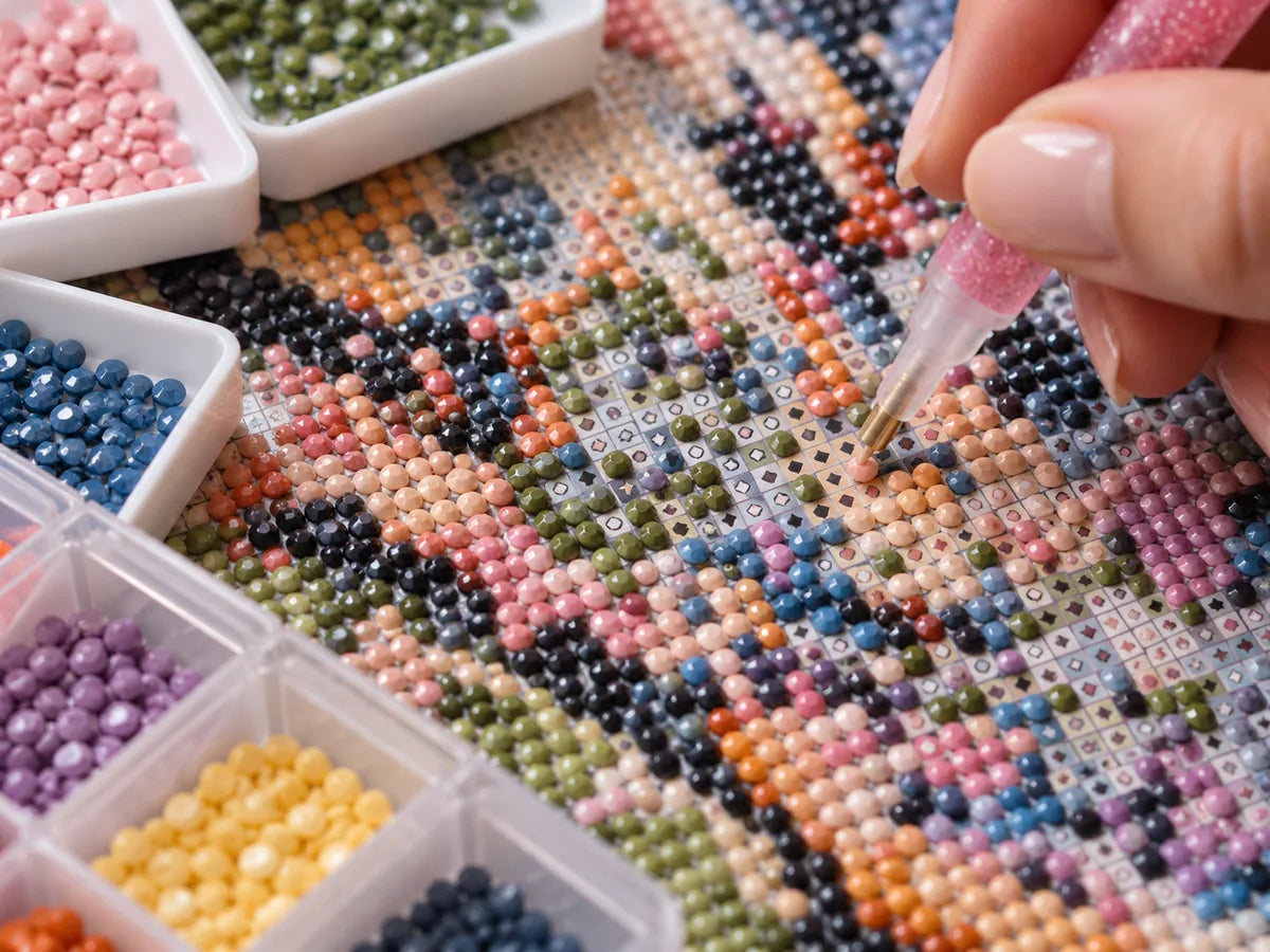Close-up of confetti diamond painting with mixed-color resin drills and frequent symbol changes - FEELOOK Art