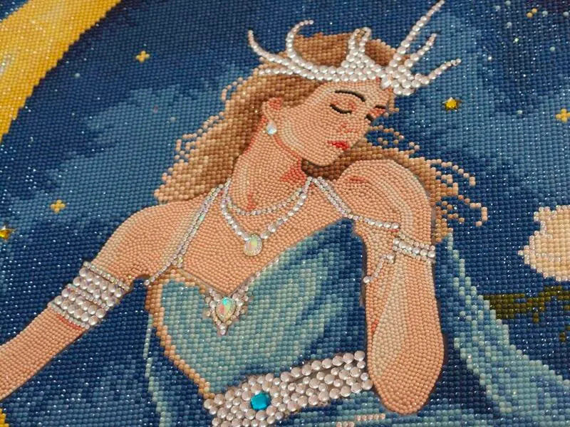 Close-up of FEELOOK Art Selene Moon Goddess diamond painting, highlighting intricate special-shaped diamonds on her antler-style crown, jewelry, and celestial starry background - FEELOOK Art