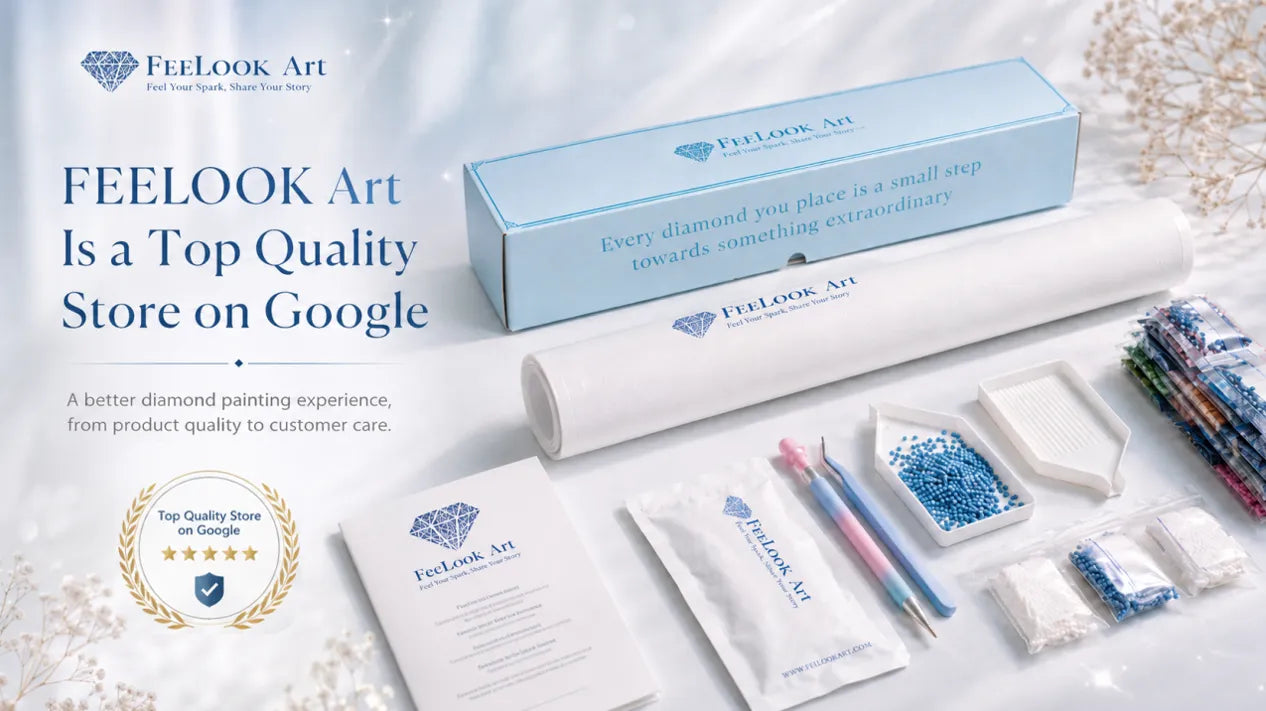 FEELOOK Art Top Quality Store on Google cover with diamond painting kit, blue packaging, resin drills, and trust badge - FEELOOK Art