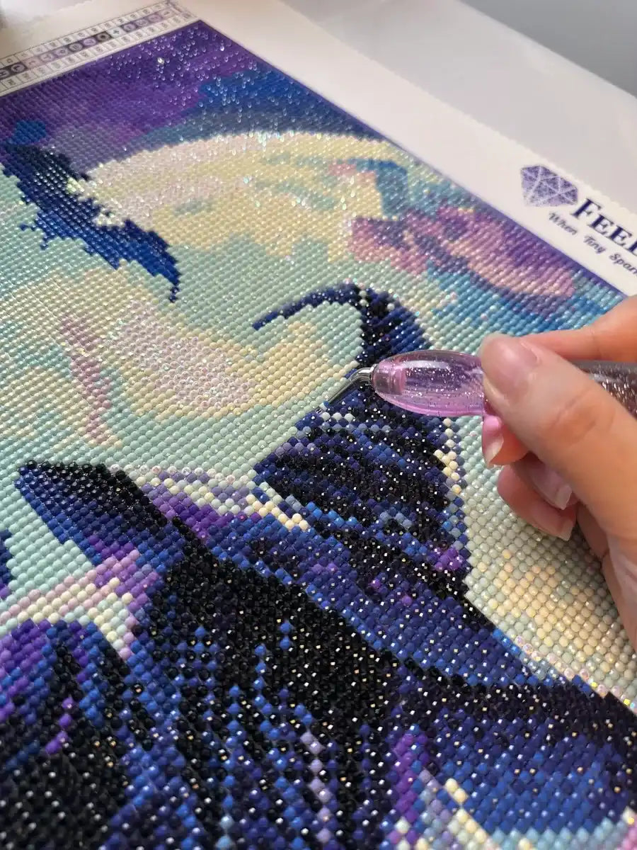 Close-up diamond art canvas showing the witch and candy house details in Hansel and Gretel dark fairy tale - FEELOOK Art