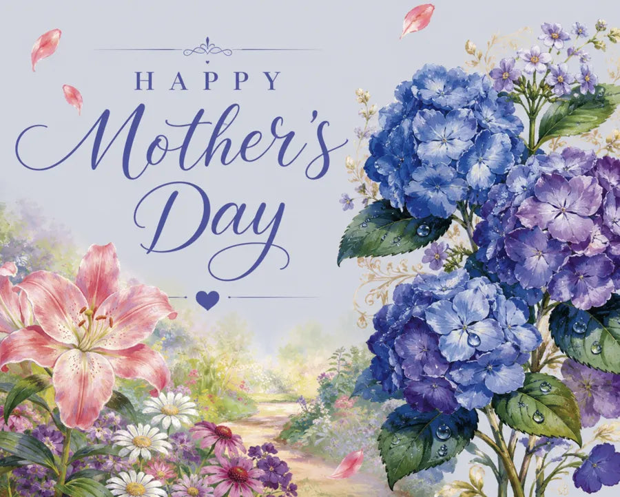 Happy Mother’s Day floral image featuring beautiful hydrangeas and soft pink flowers with a warm celebratory message for moms - FEELOOK Art