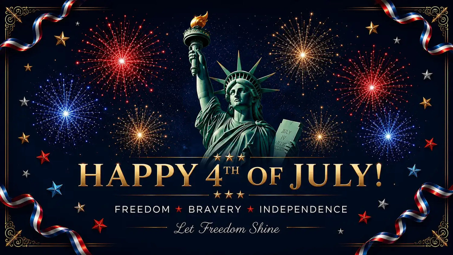 Happy 4th of July patriotic design with Statue of Liberty and fireworks - FEELOOK Art
