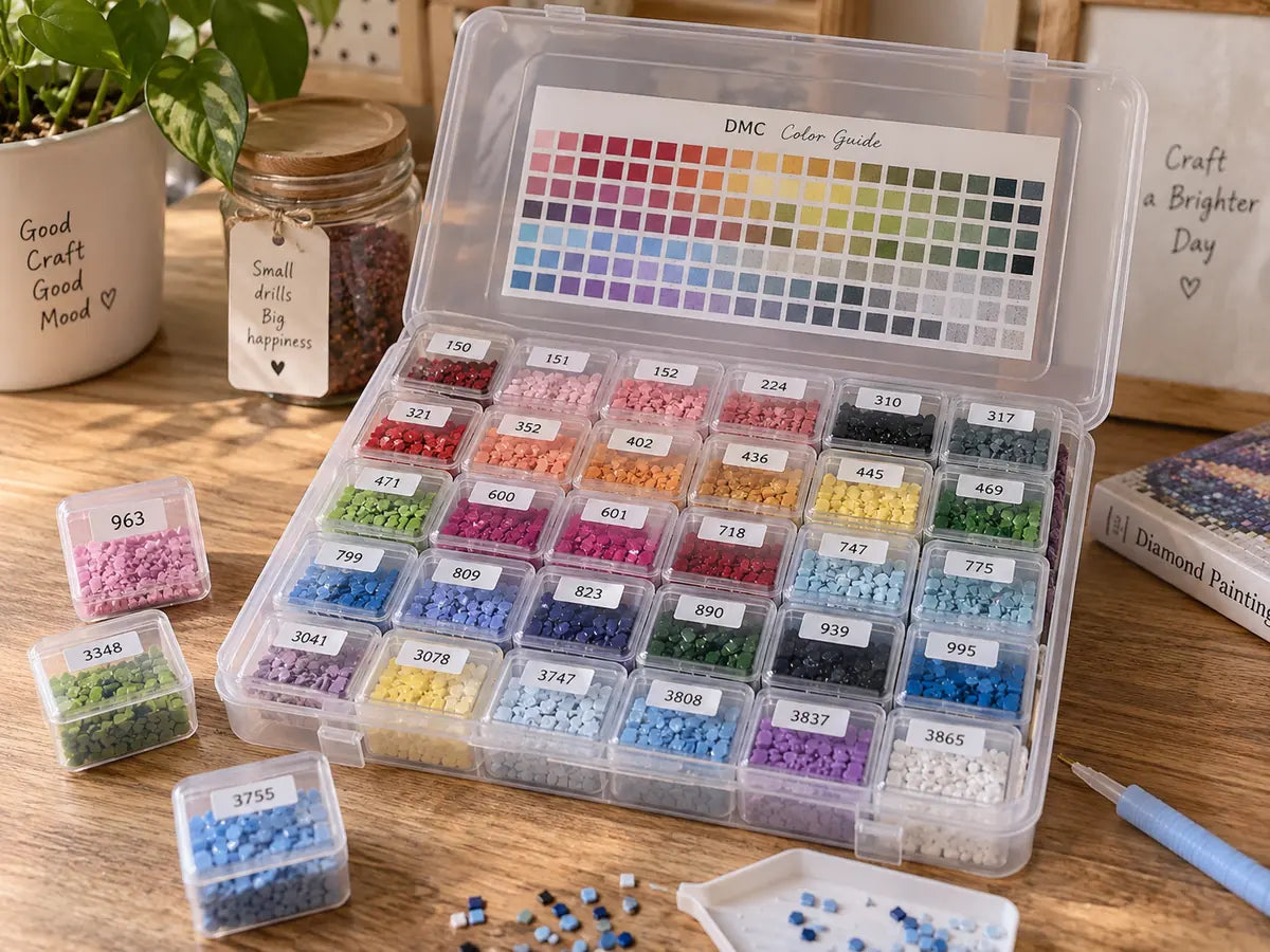 Leftover diamond painting drills sorted by DMC color code in labeled storage containers for easy reuse - FEELOOK Art