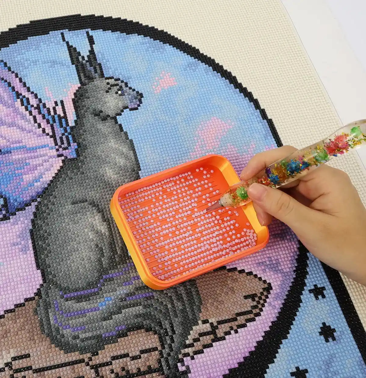High Quality Poured Glue Night Kitty Diamond Painting, Handmade Fantasy Cat Full Drill Diamond Art Kit - FEELOOK Art