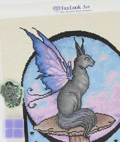 Finished diamond painting “Night Kitty” with round drills, showcasing vibrant purple hues and intricate details - FEELOOK Art