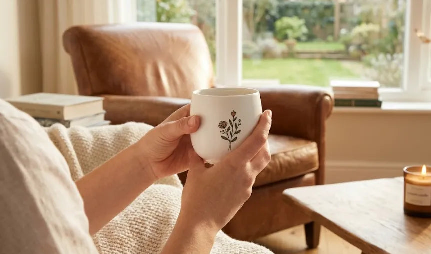 olding a warm mug in a cozy leather chair with a lit candle, capturing the relaxing vibe of screen-free activities - FEELOOK Art