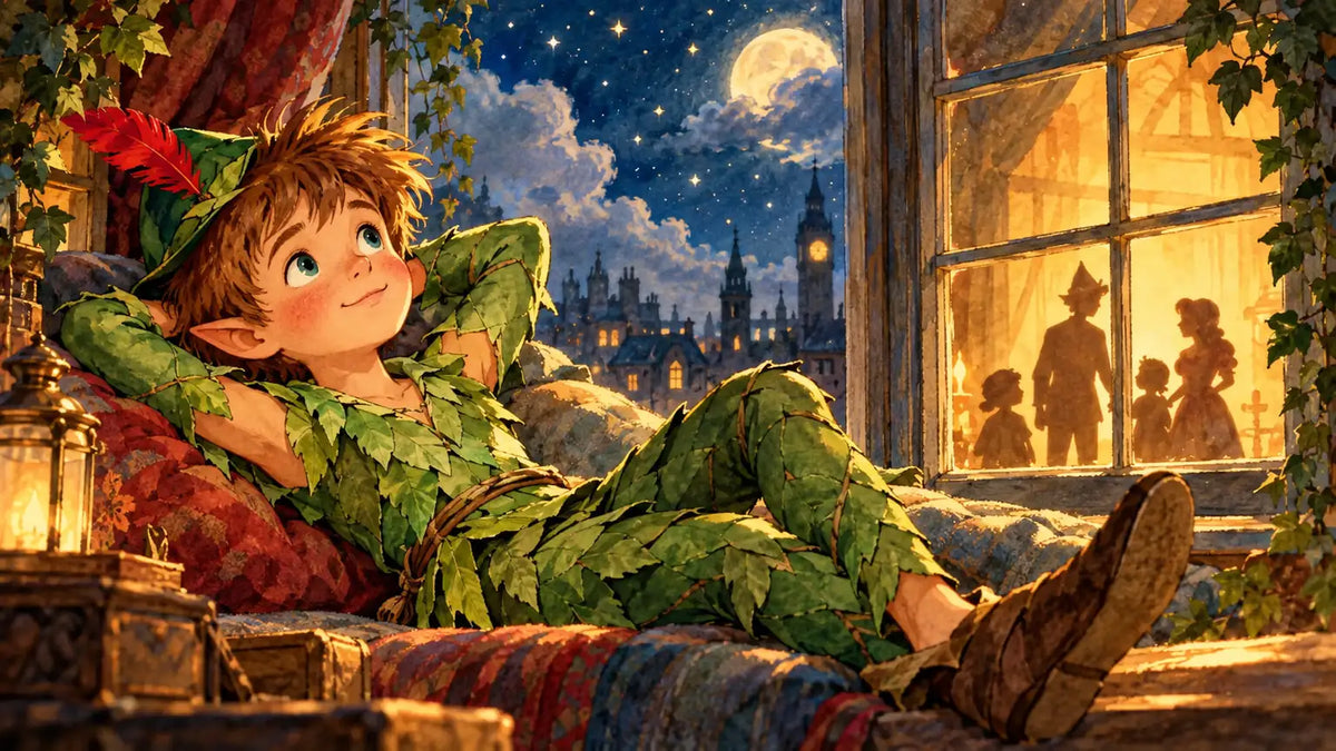 Peter Pan resting by a moonlit window as warm family silhouettes glow inside the room - FEELOOK Art