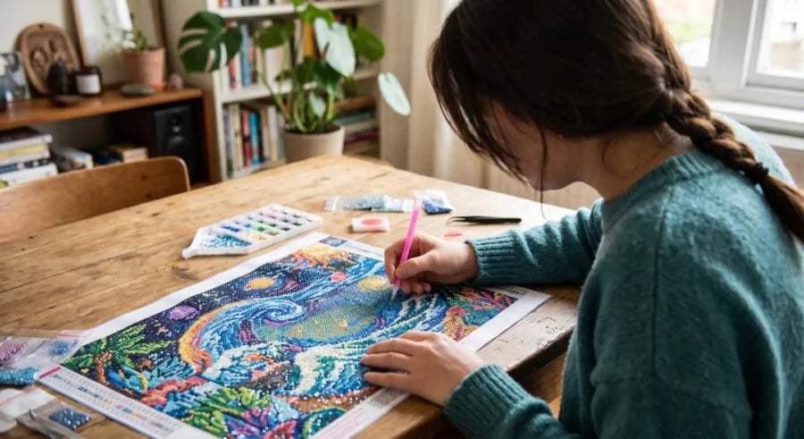 A woman relaxing at a wooden table while working on a vibrant 5D diamond painting kit, placing resin drills on a colorful canvas with a pink drill pen. - FEELOOK Art