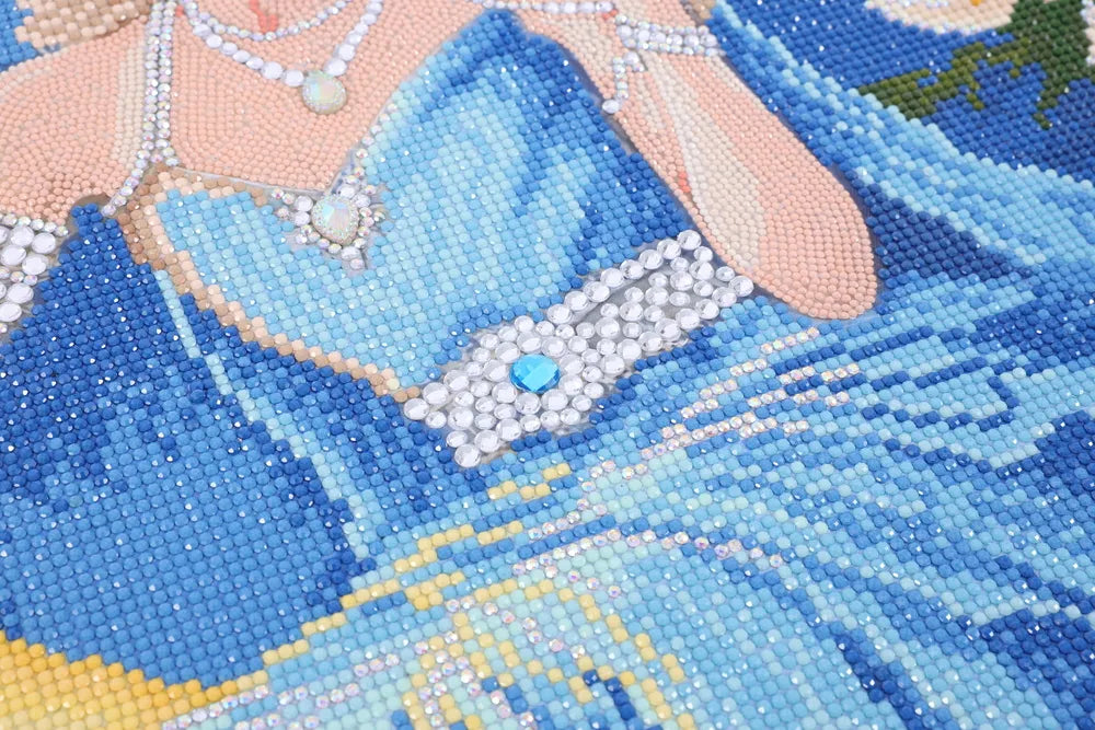 Close-up of a Selene diamond painting with sparkling drills and pearl necklace details - FEELOOK Art