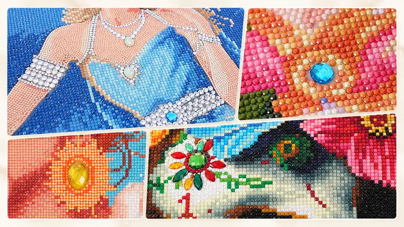 Collage of special drills in diamond painting with gemstone accents, teardrop gems, floral details, and sparkling close-ups - FEELOOK Art