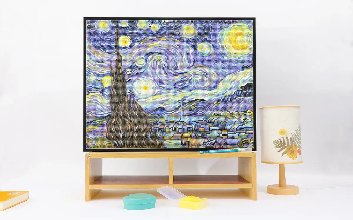 Finished diamond painting of Starry Night with vibrant colors and swirling patterns - FEELOOK Art