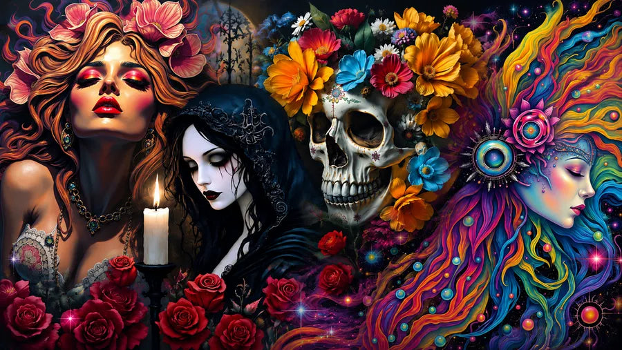 Tabz Jones authorized diamond painting kits blog cover with fantasy portraits, floral skull, roses and cosmic colors - FEELOOK Art
