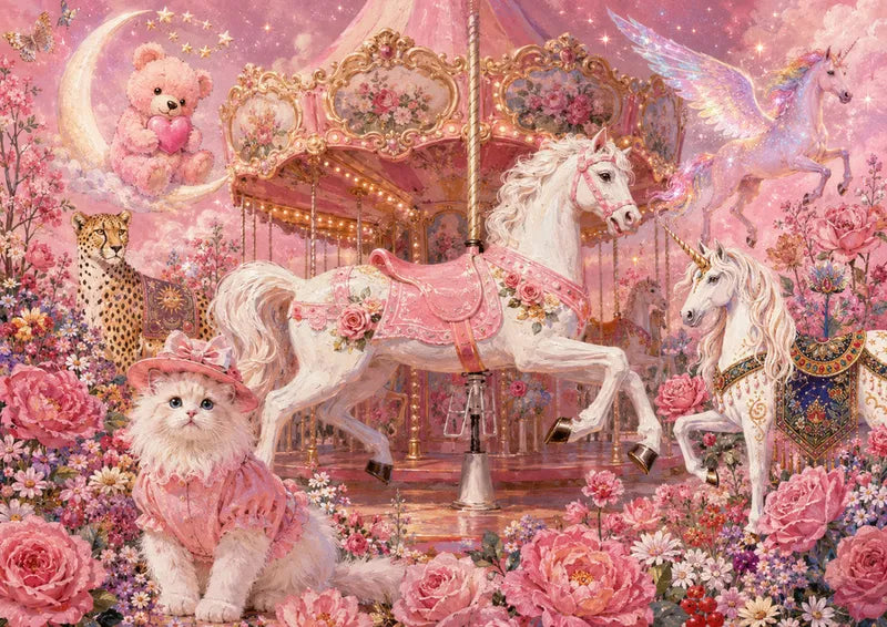 Dreamy pink diamond painting cover with carousel horse, unicorns, teddy bear, kitten, flowers, and whimsical fantasy details - FEELOOK Art
