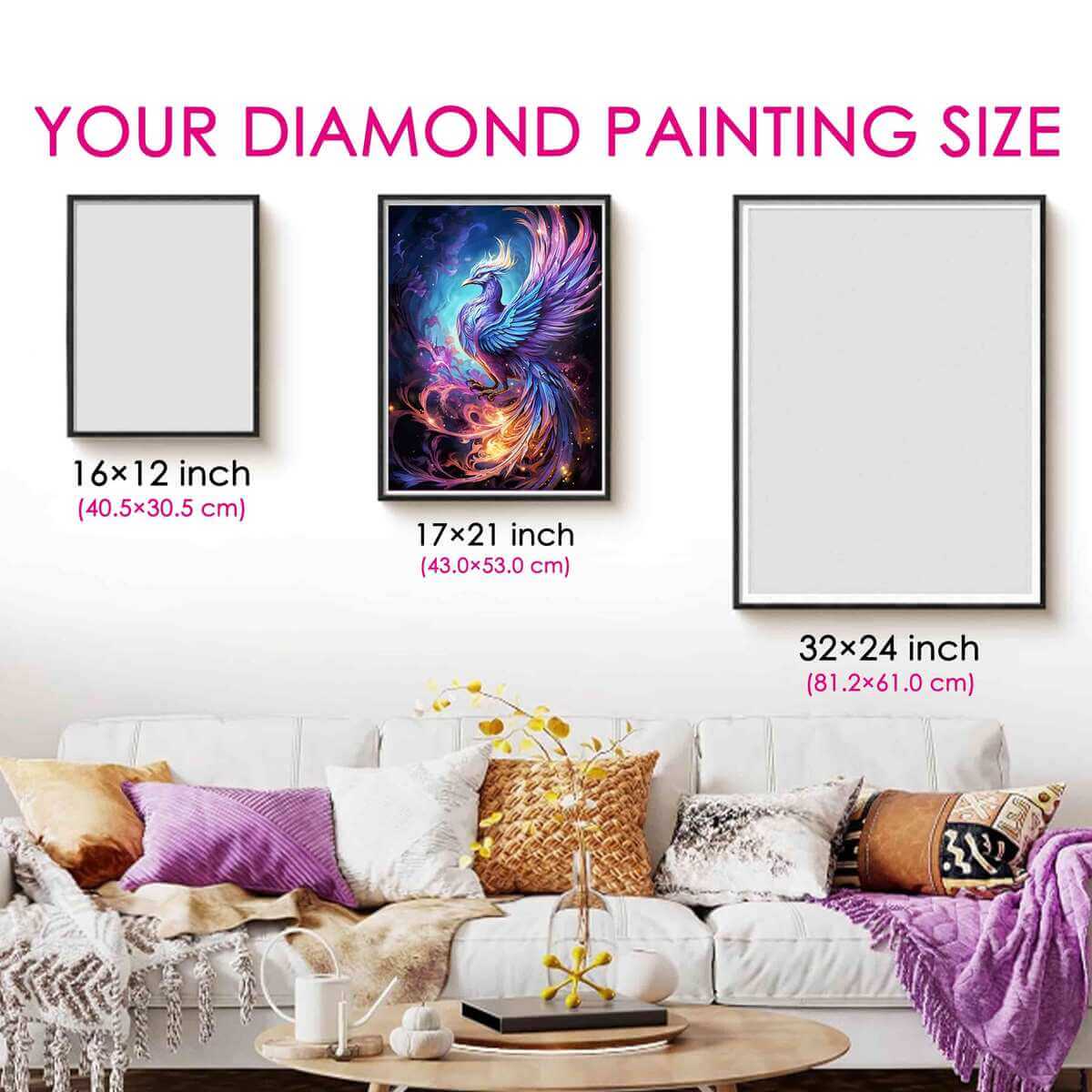 Phoenix diamond painting size comparison in a living room for perfect artwork proportions.
