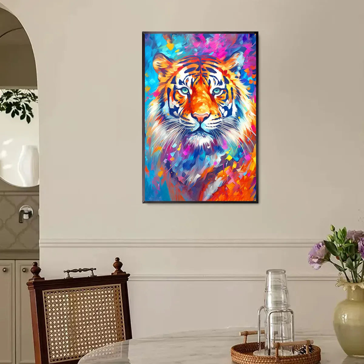 Vivid tiger artwork framed in eclectic home décor wall setup, perfect for meditative benefits.