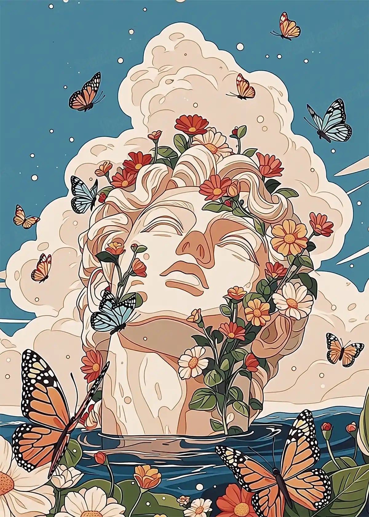  Butterfly Crown diamond painting main design, classical statue with flowers and butterflies artwork - FEELOOK Art