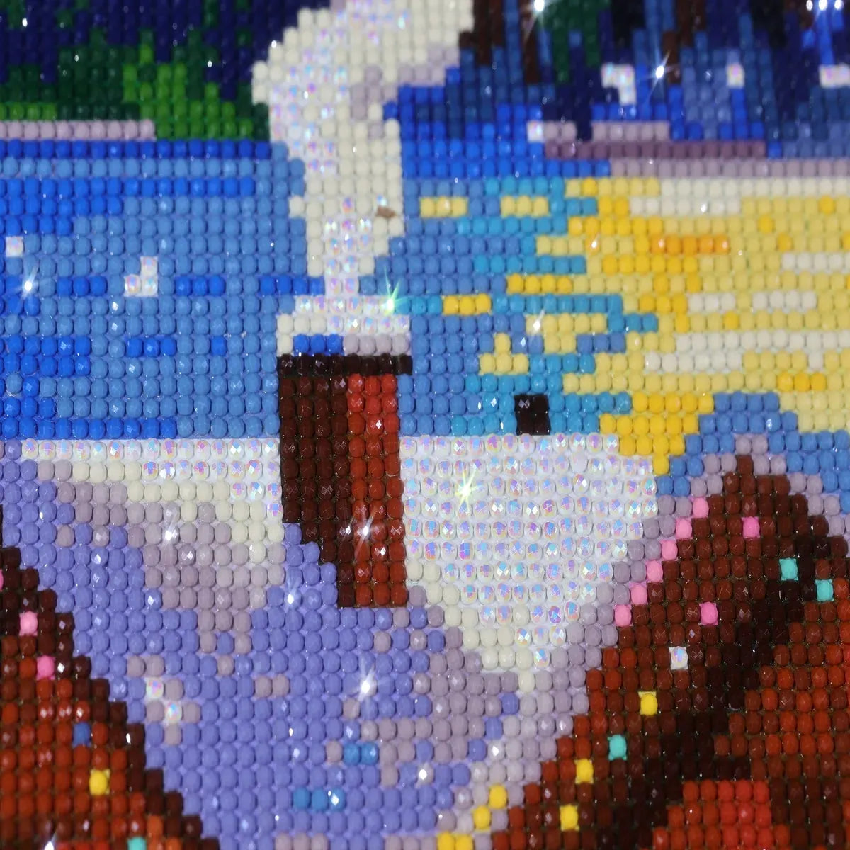Close-up of AB diamonds on the Christmas Town diamond painting - FEELOOK Art