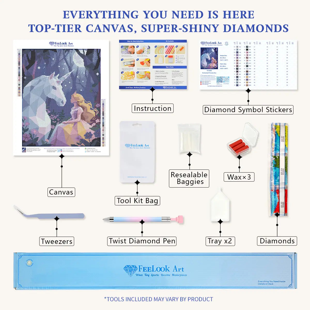 Enchanted Princess Duo 5D diamond painting kit contents, complete DIY craft supplies with tools and diamonds - FEELOOK Art