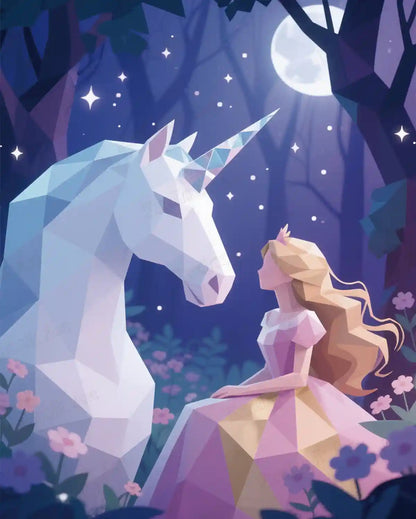 Enchanted Princess Duo diamond painting, princess and unicorn in magical forest under moonlight, fairy tale diamond art - FEELOOK Art
