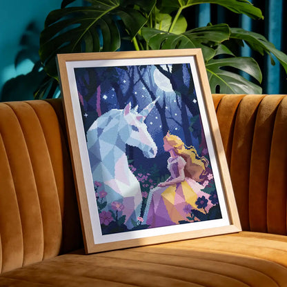 Enchanted Princess Duo diamond painting as home wall decor, fairy tale art in living space, magical princess unicorn decoration - FEELOOK Art