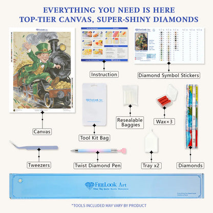 Golden Choo-Choo diamond painting kit contents, canvas, diamonds, crafting tools included - FEELOOK Art
