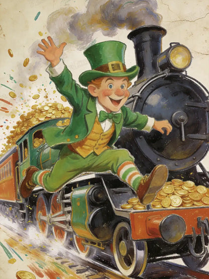 Golden Choo-Choo diamond painting, leprechaun train with gold coins, vibrant green and black design - FEELOOK Art