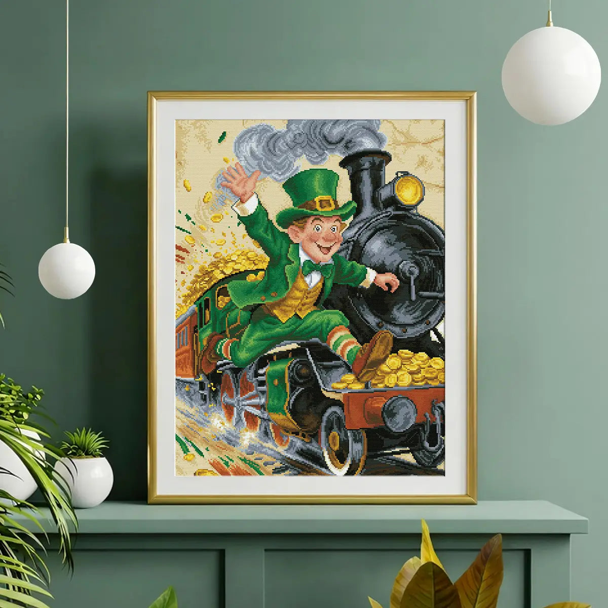 Golden Choo-Choo diamond painting home decor scene, leprechaun train artwork on wall - FEELOOK Art
