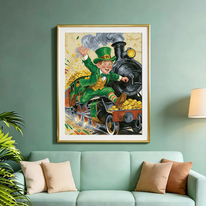 Golden Choo-Choo diamond painting living room decor, leprechaun train art display - FEELOOK Art
