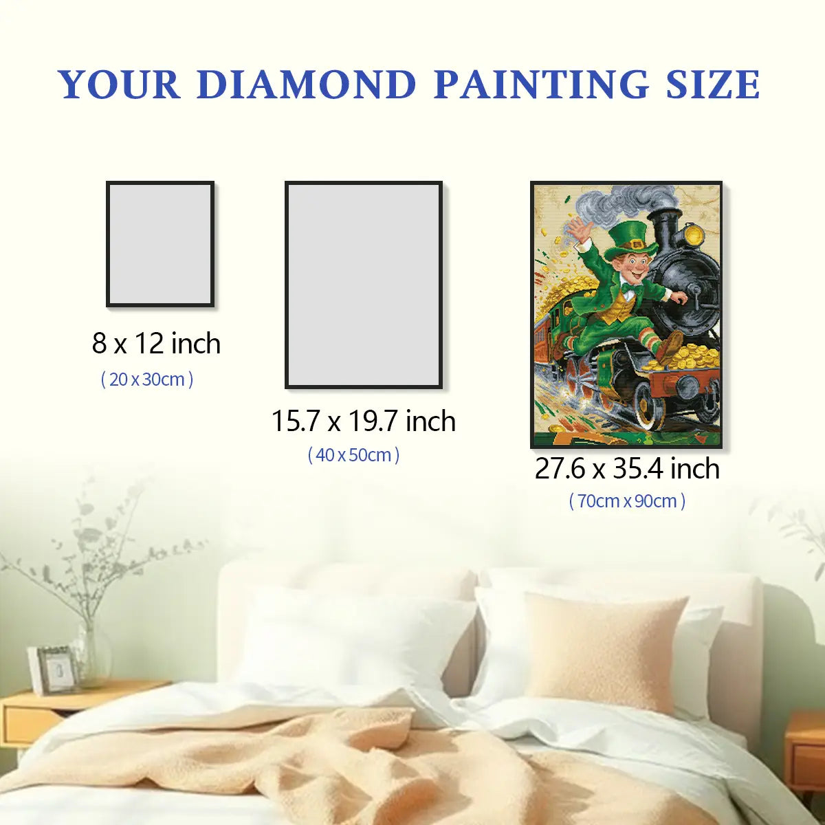 Golden Choo-Choo diamond painting size comparison chart, multiple dimensions available - FEELOOK Art