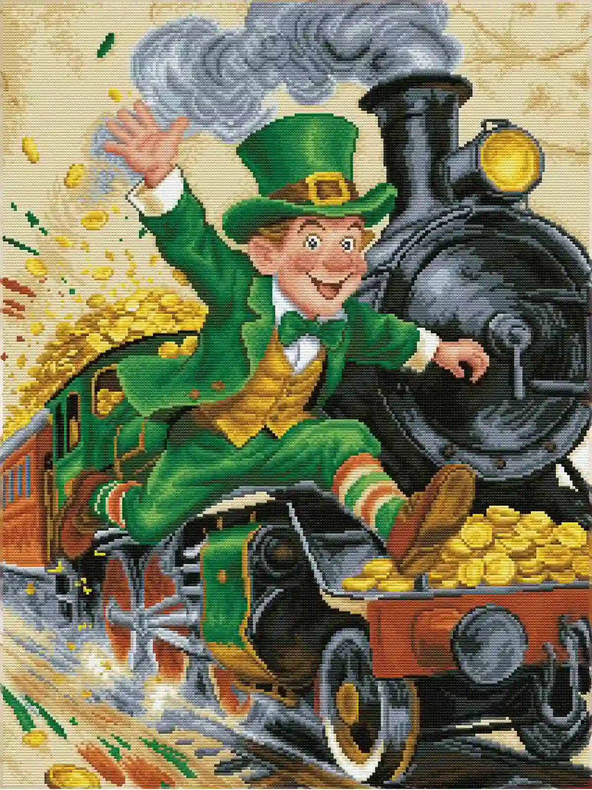 Golden Choo-Choo diamond painting full drill effect, leprechaun train with gold coins - FEELOOK Art