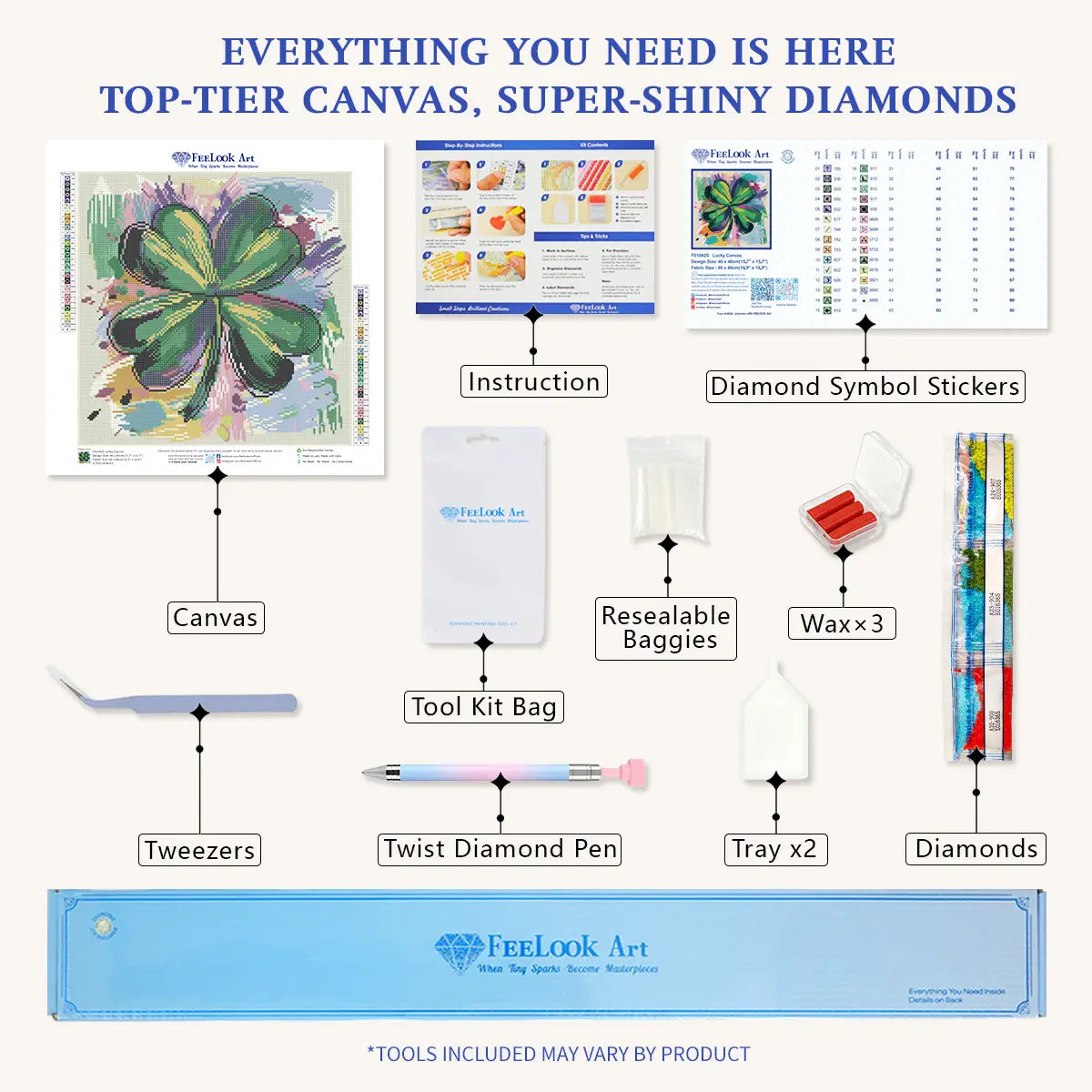 Lucky Canvas diamond painting kit contents, canvas diamonds crafting tools included - FEELOOK Art