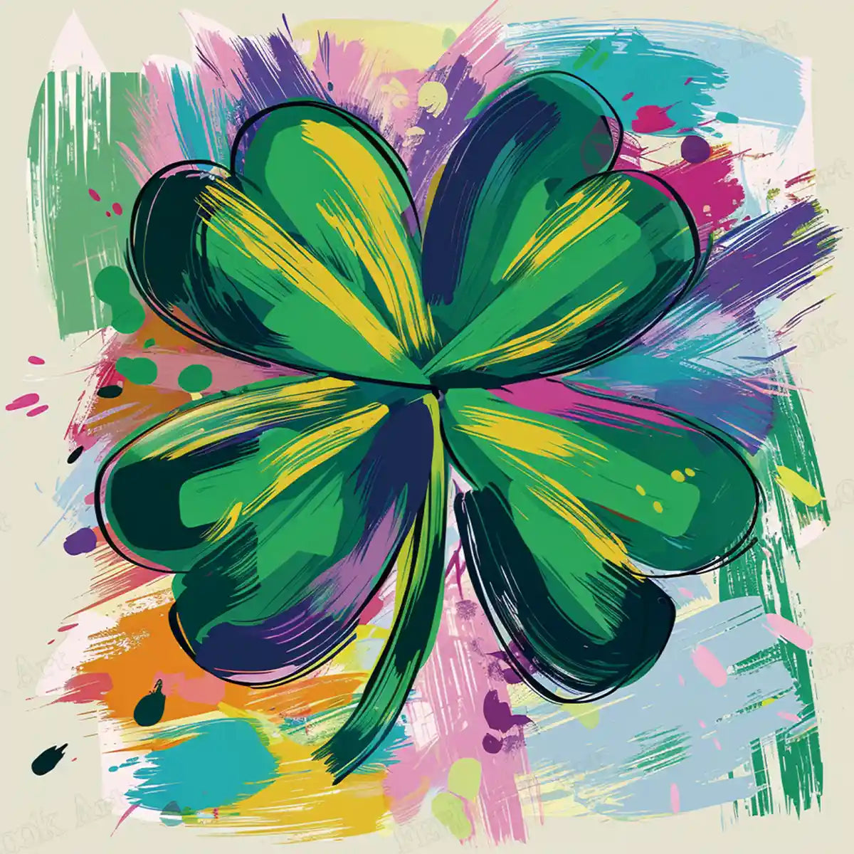 Lucky Canvas diamond painting, colorful abstract four-leaf clover, vibrant green blue art - FEELOOK Art