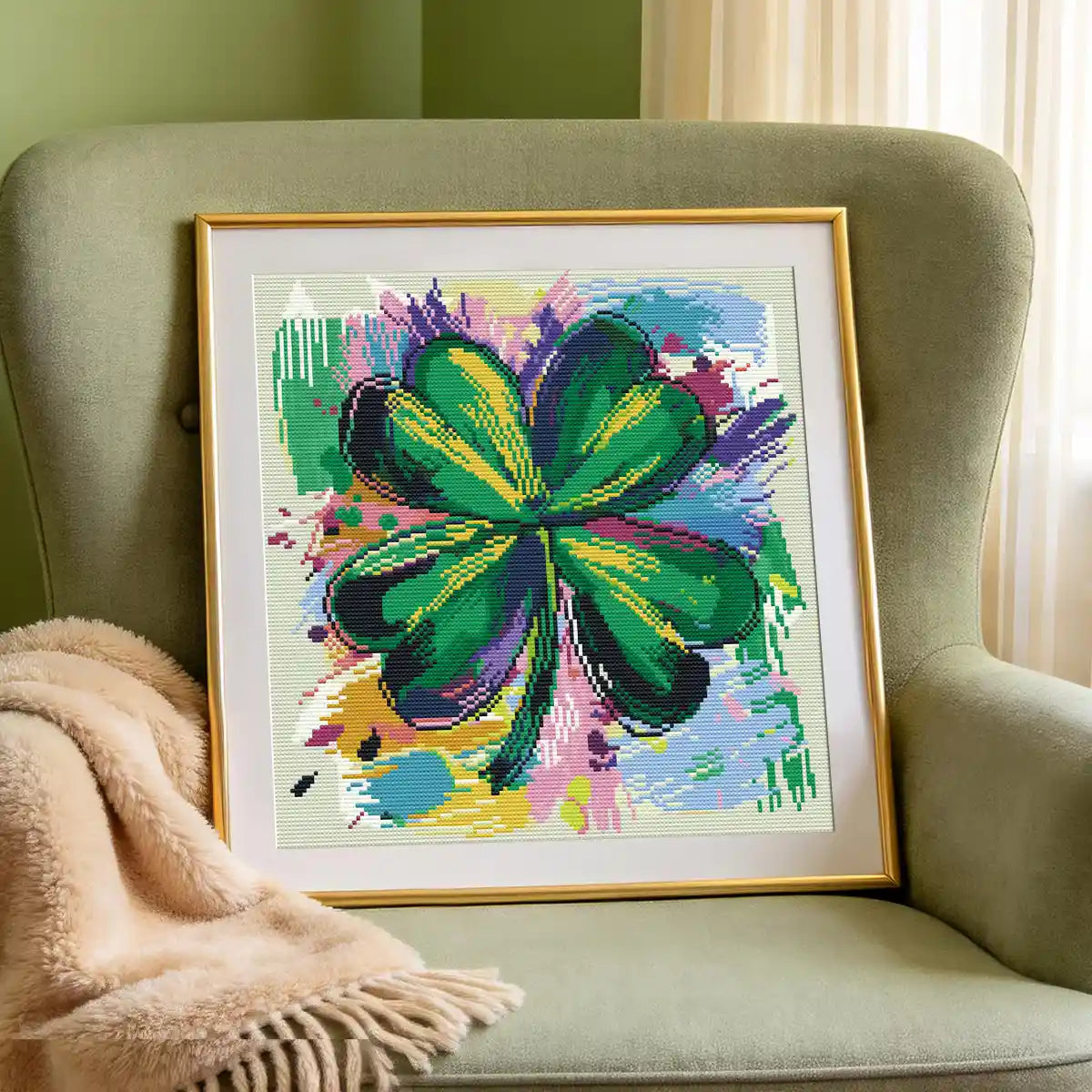 Lucky Canvas diamond painting home decor scene, abstract clover artwork on wall - FEELOOK Art