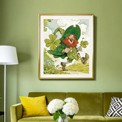 Shamrock Sprinter diamond painting home decor scene, leprechaun art on wall - FEELOOK Art