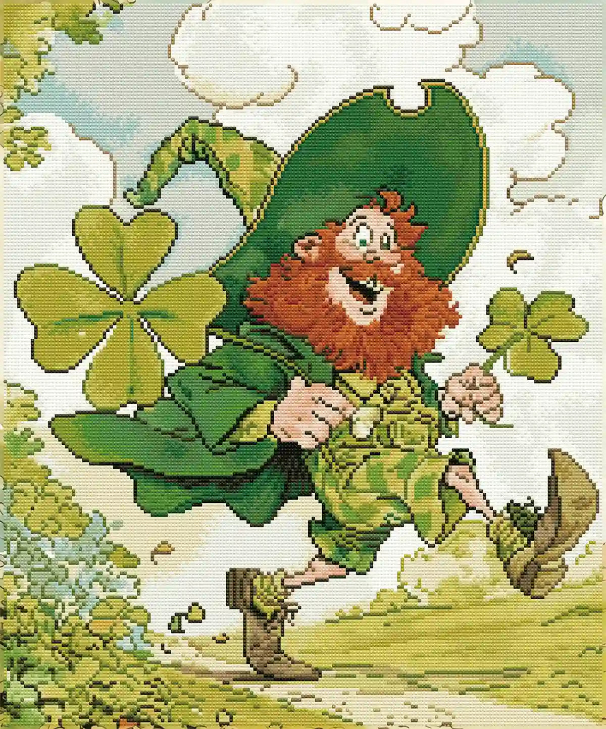 Shamrock Sprinter diamond painting full drill effect, leprechaun holding clover - FEELOOK Art