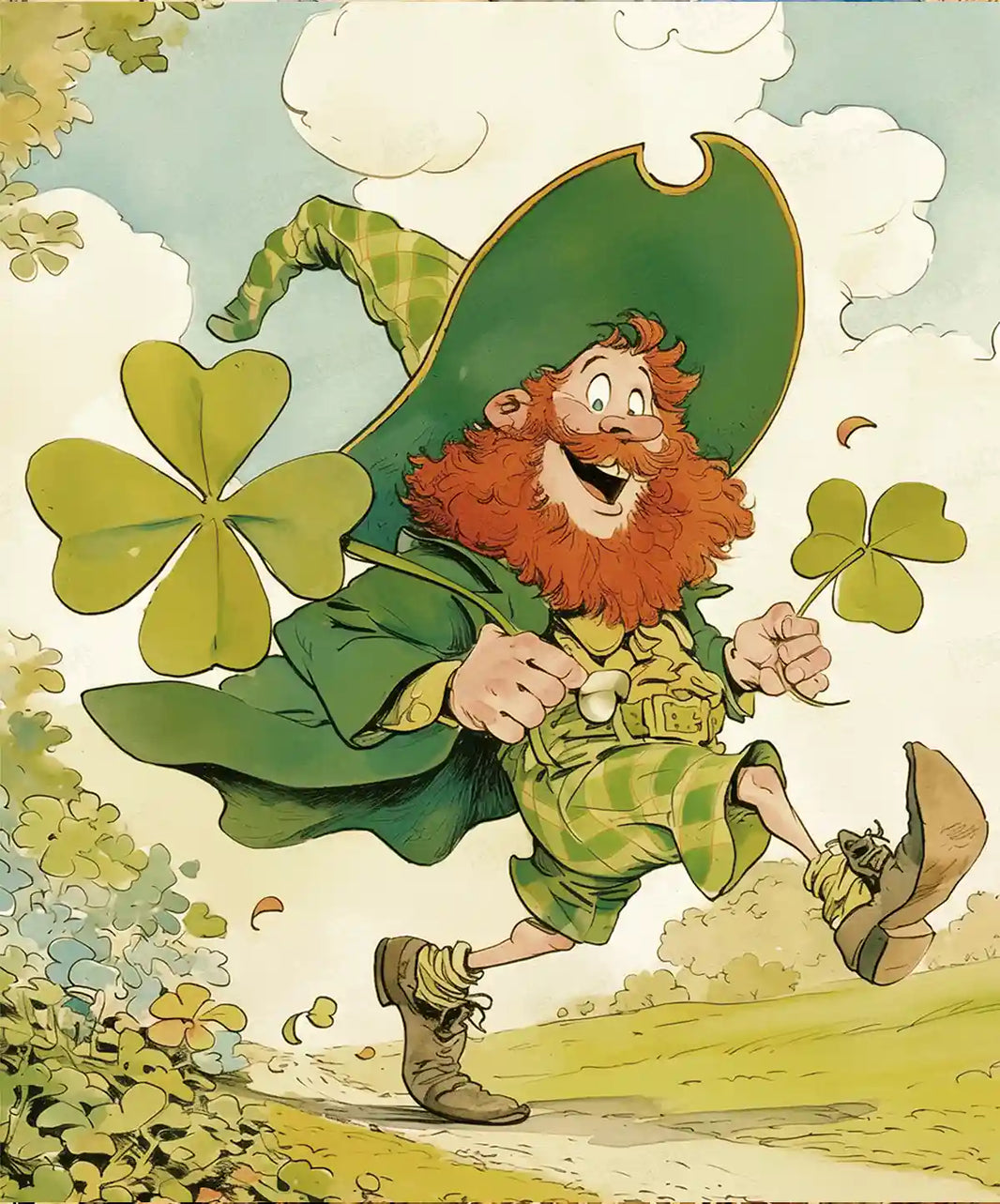 Shamrock Sprinter diamond painting, leprechaun with four-leaf clover, vibrant green art - FEELOOK Art