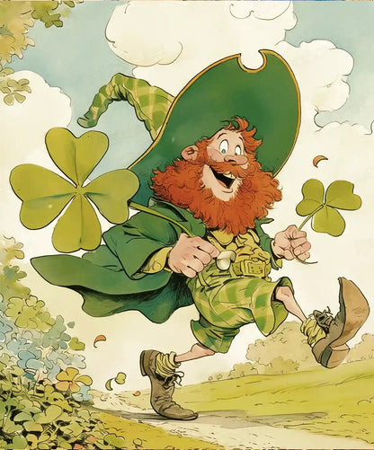 Shamrock Sprinter diamond painting, leprechaun with four-leaf clover, vibrant green art - FEELOOK Art