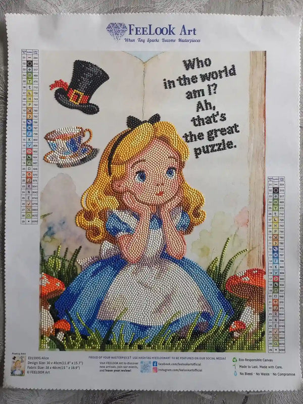 Alice in Wonderland inspired diamond painting featuring Alice, a teacup and whimsical storybook details - FEELOOK Art
