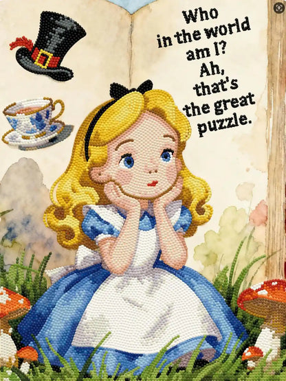Finished Alice diamond painting showcasing sparkling drills and soft storybook colors inspired by Wonderland – FEELOOK Art